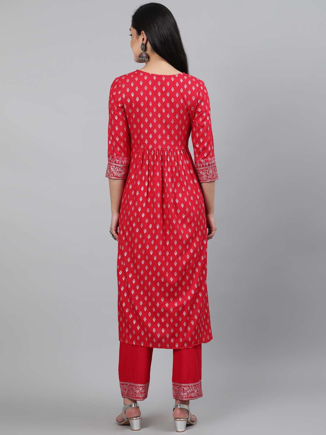 Rayon Calf Length A-Line 3/4 Sleeve Round Neck Foil Printed Kurta Set