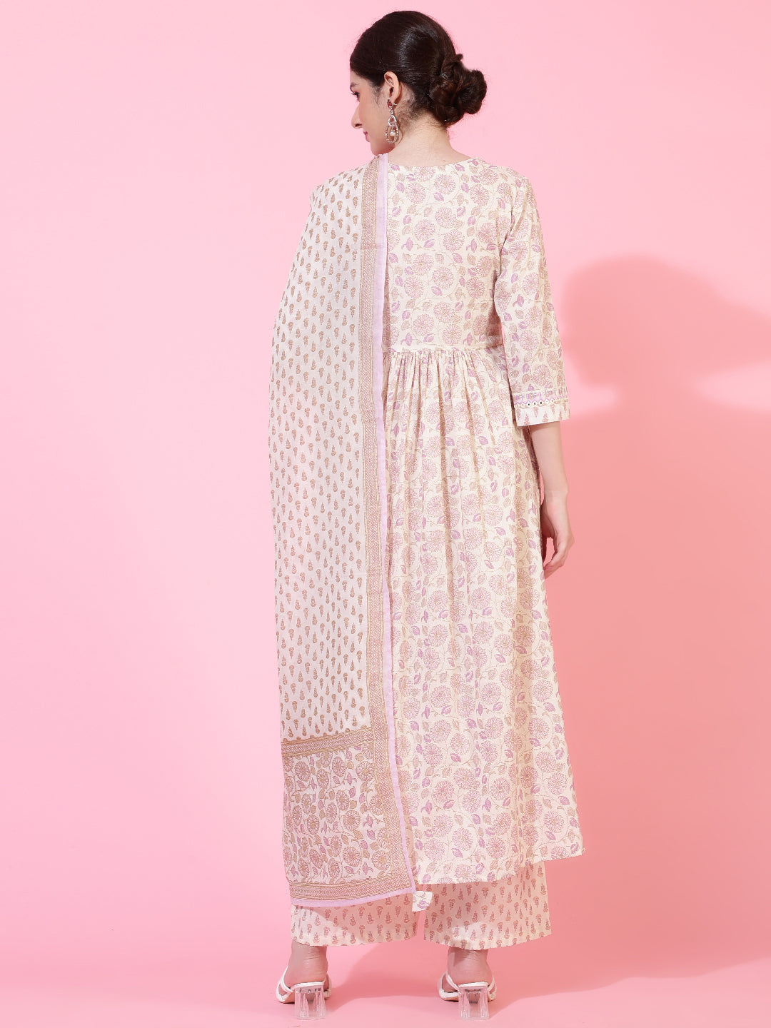 Cotton Calf Length Printed Flared 3/4 Sleeve V-Neck Kurta Bottom Dupatta Set