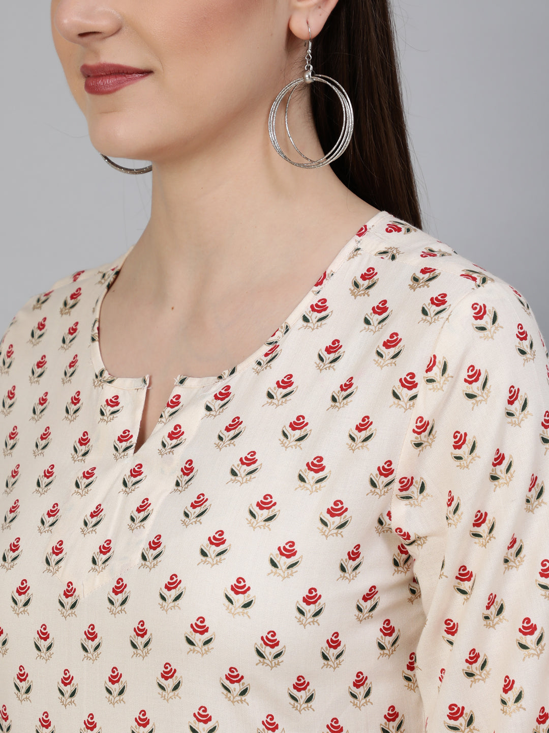 Printed Round Neck 3/4 Sleeve Rayon Flared Top