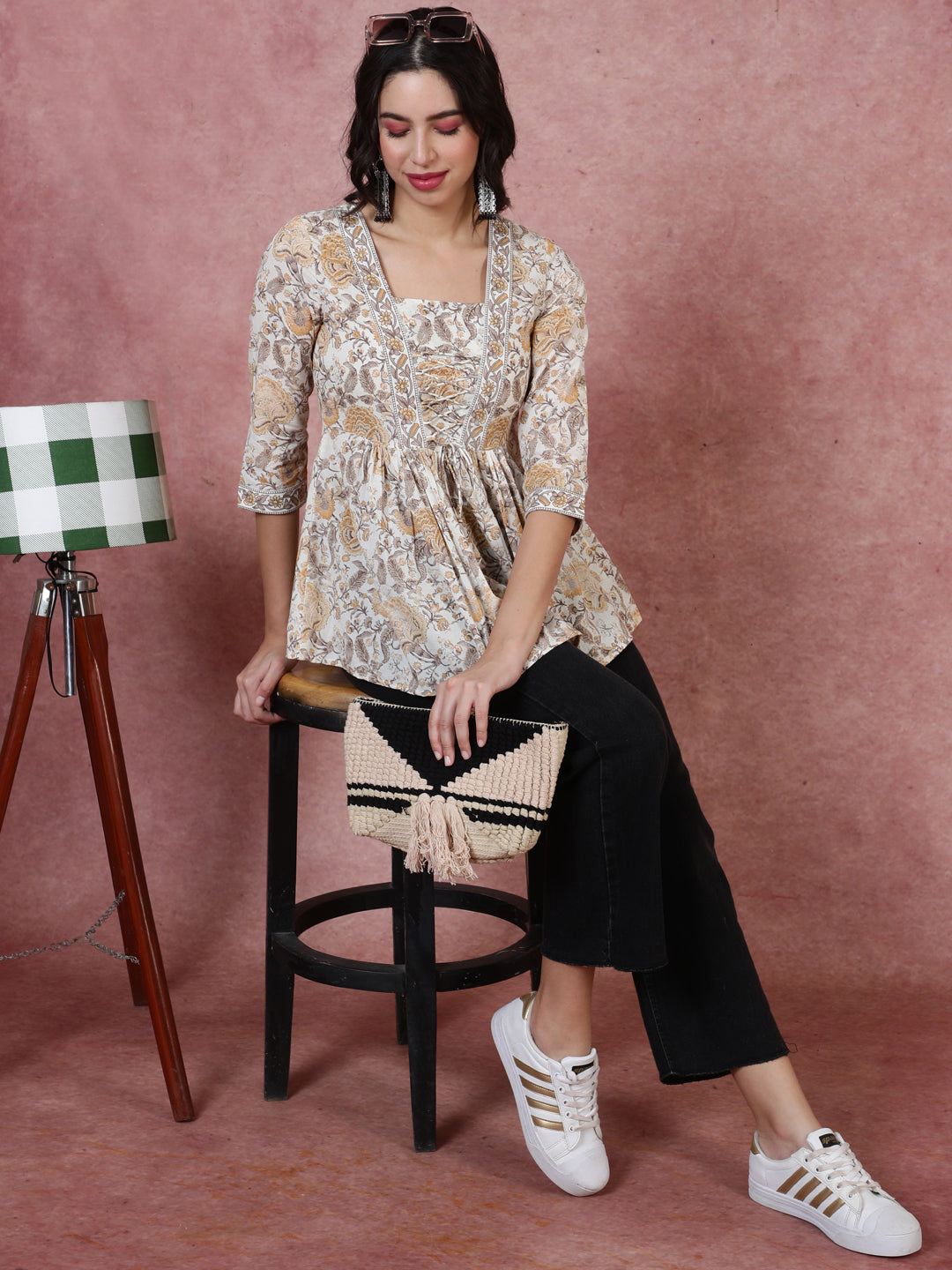 Cotton Short Length Length Printed Flared 3/4 Sleeves Square Top