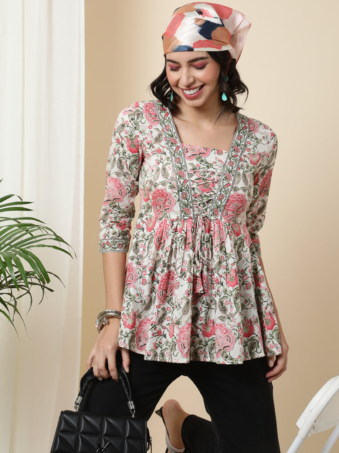 Cotton Short Length Length Printed Flared 3/4 Sleeves Square Top