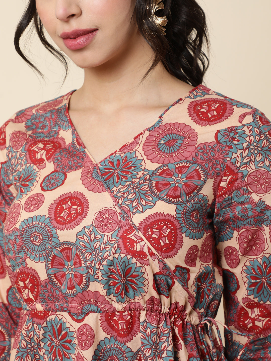 Cotton Short Length Length Printed Flared 3/4 Sleeves V-Neck Top