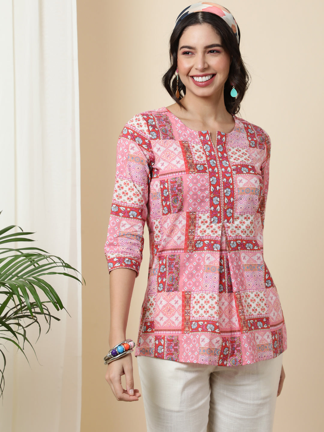Cotton Short Length Length Printed Regular 3/4 Sleeves Round Top