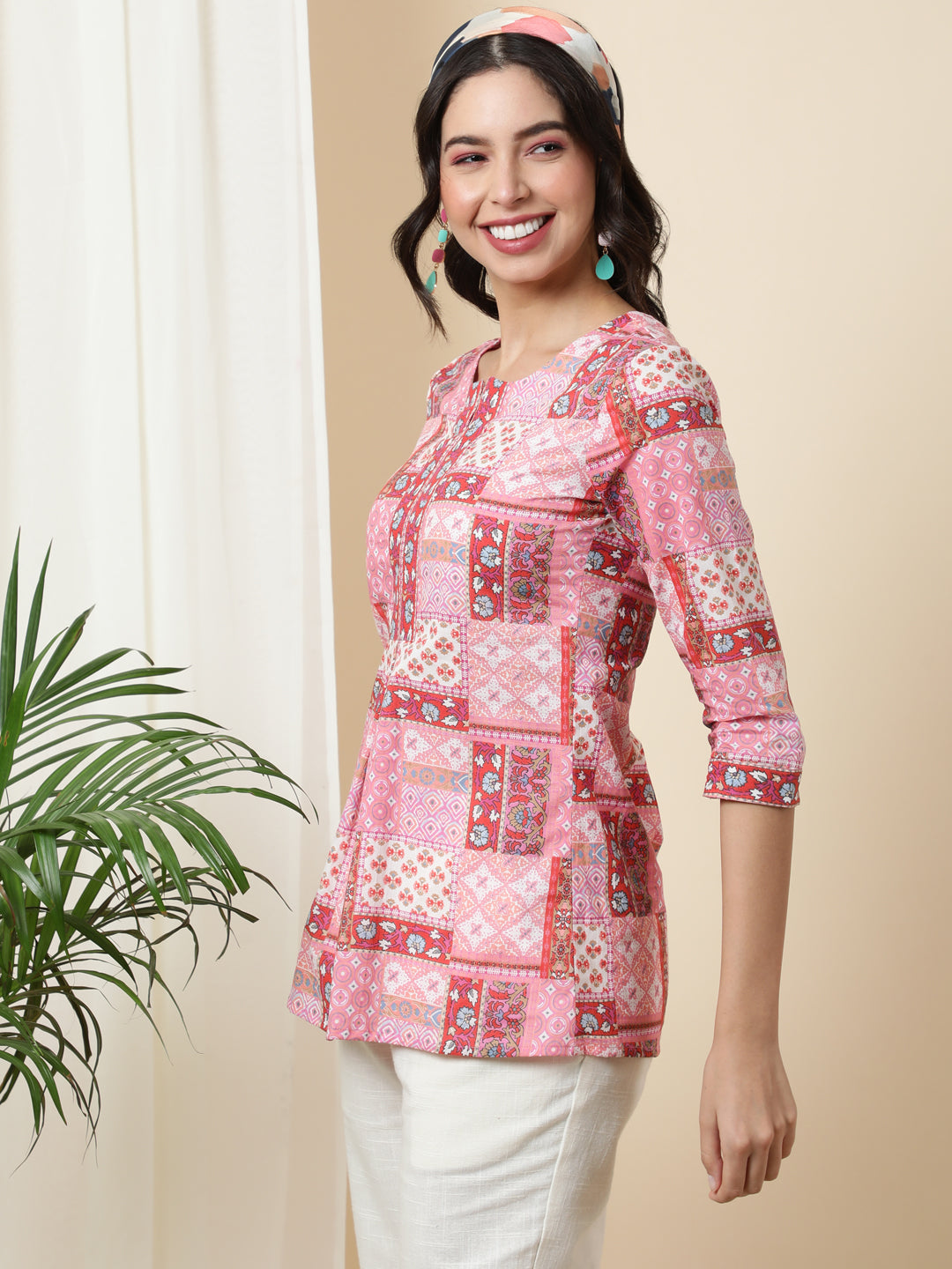 Cotton Short Length Length Printed Regular 3/4 Sleeves Round Top