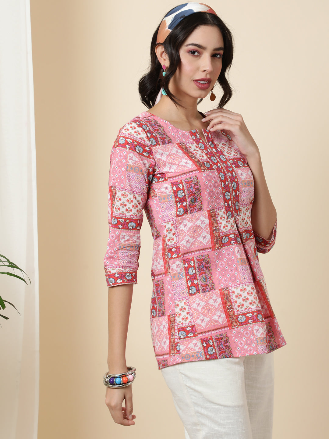 Cotton Short Length Length Printed Regular 3/4 Sleeves Round Top