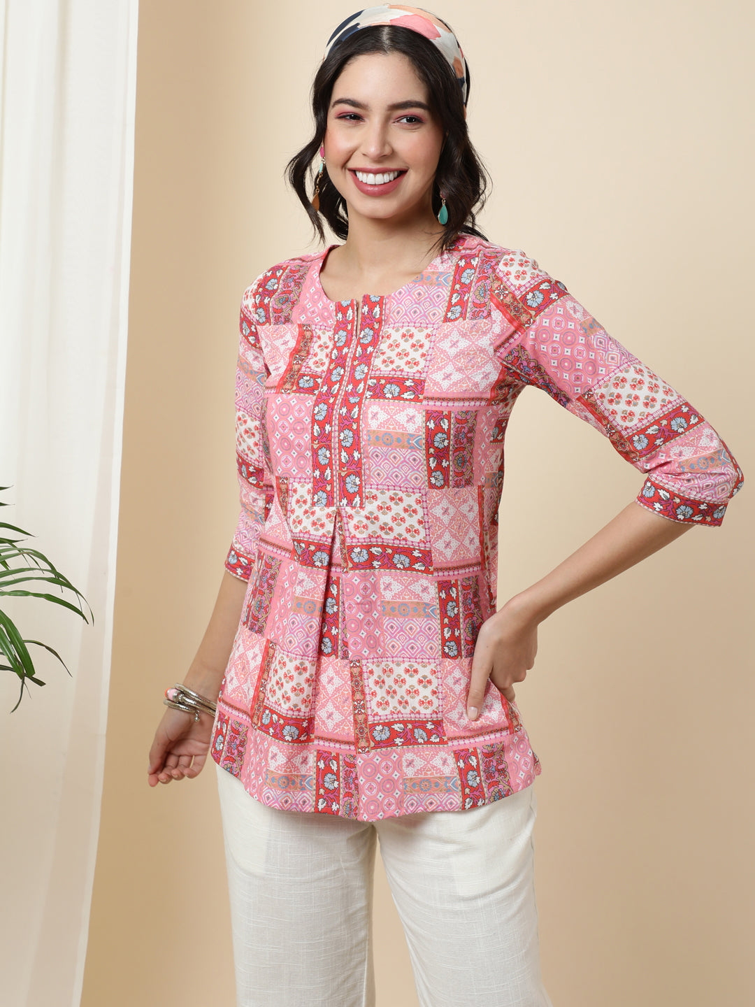 Cotton Short Length Length Printed Regular 3/4 Sleeves Round Top