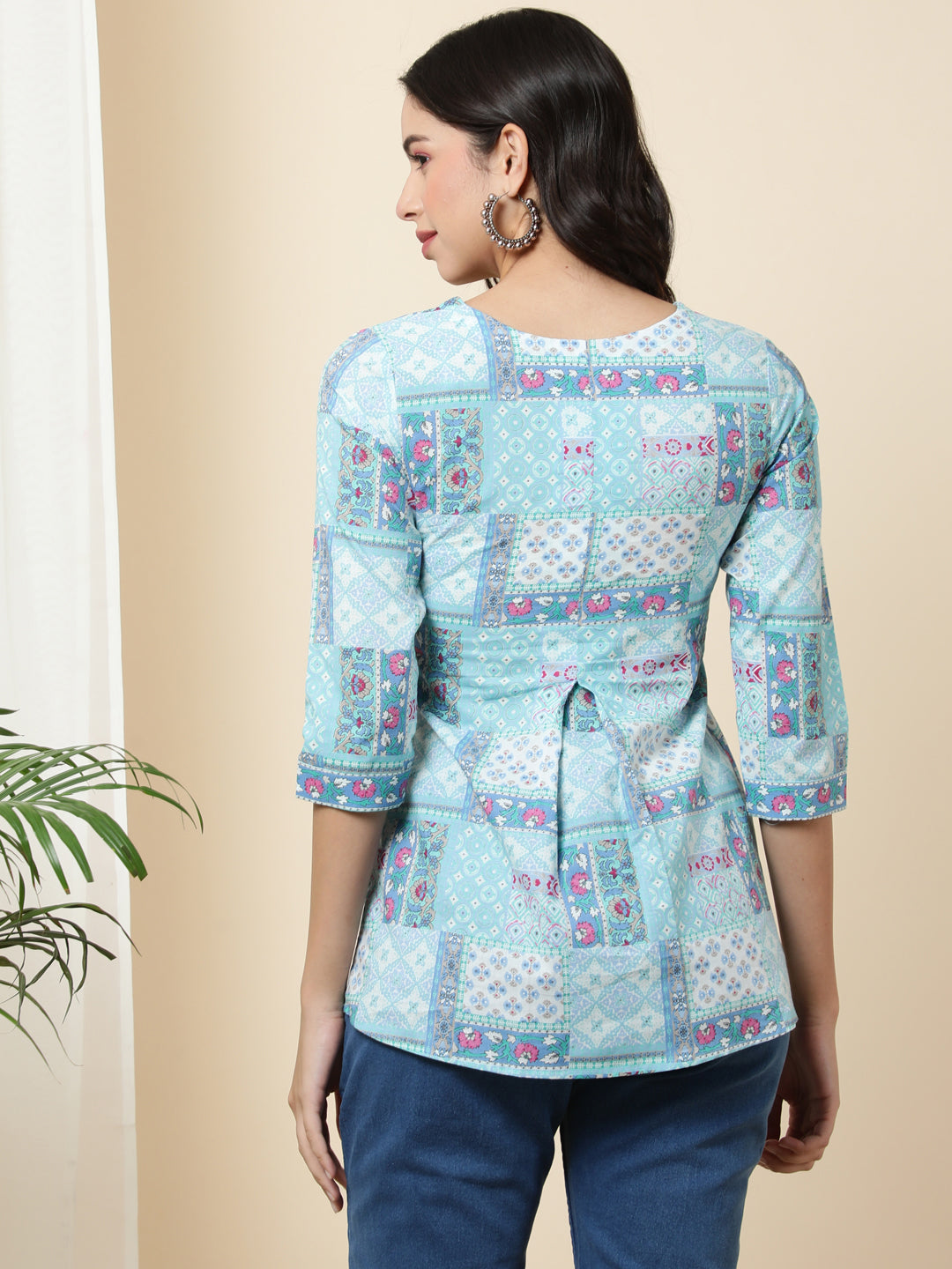 Cotton Short Length Length Printed Regular 3/4 Sleeves Round Top