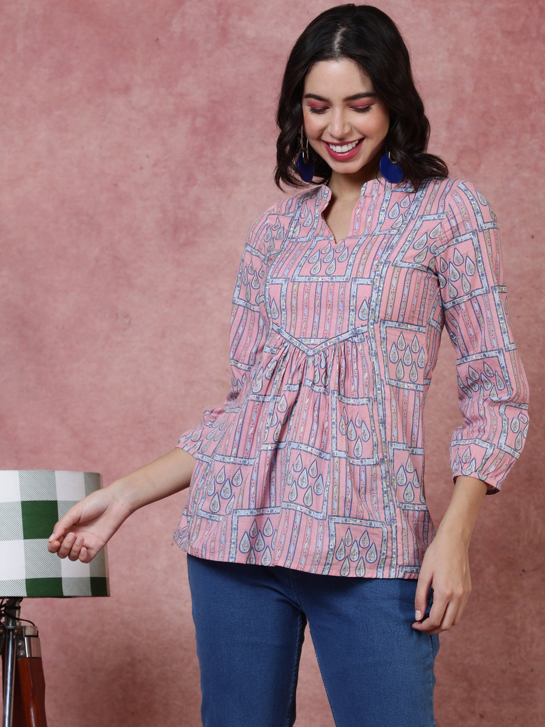 Rayon Short Length Length Printed Regular 3/4 Sleeves Mandarin Top