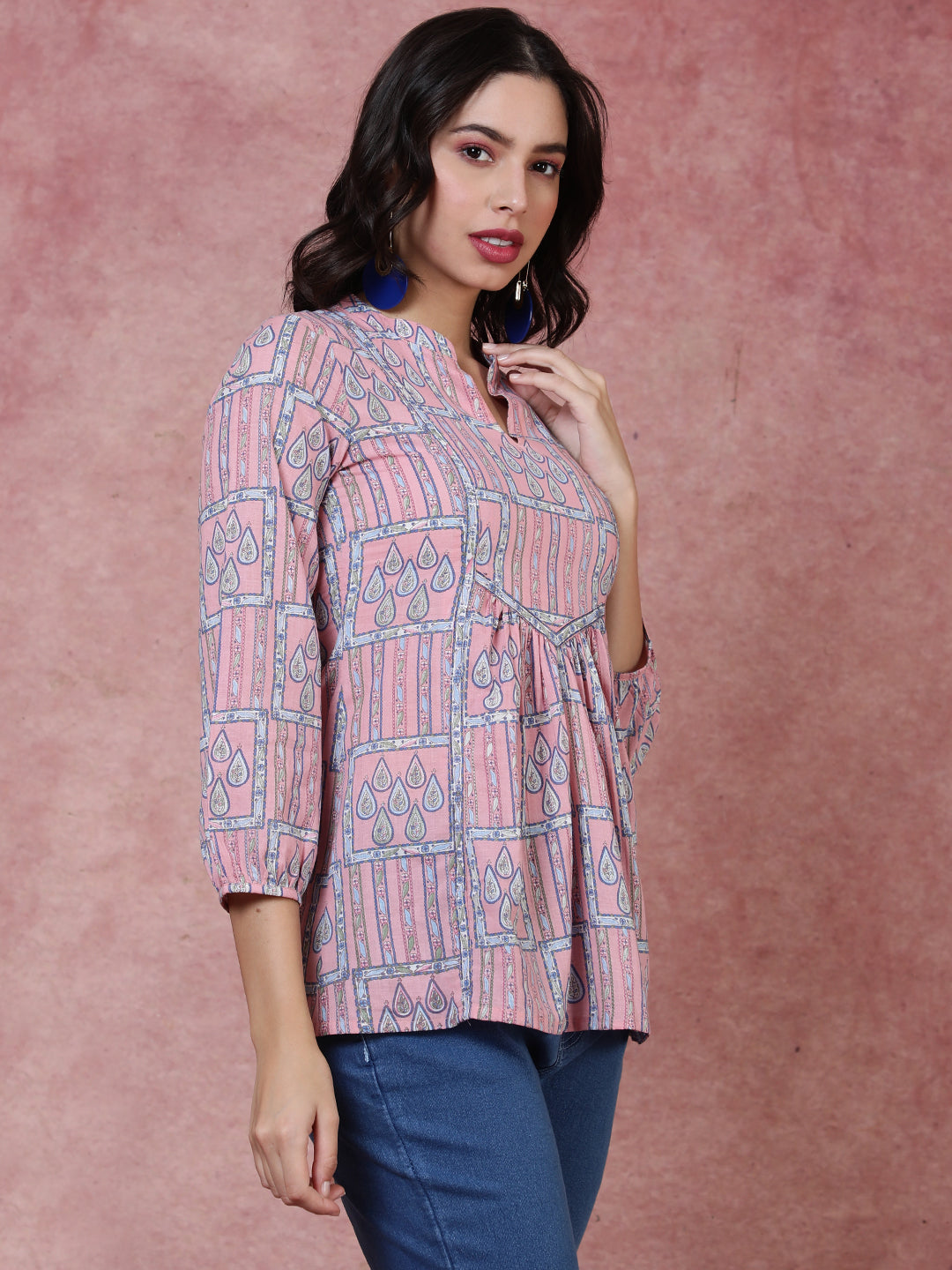 Rayon Short Length Length Printed Regular 3/4 Sleeves Mandarin Top