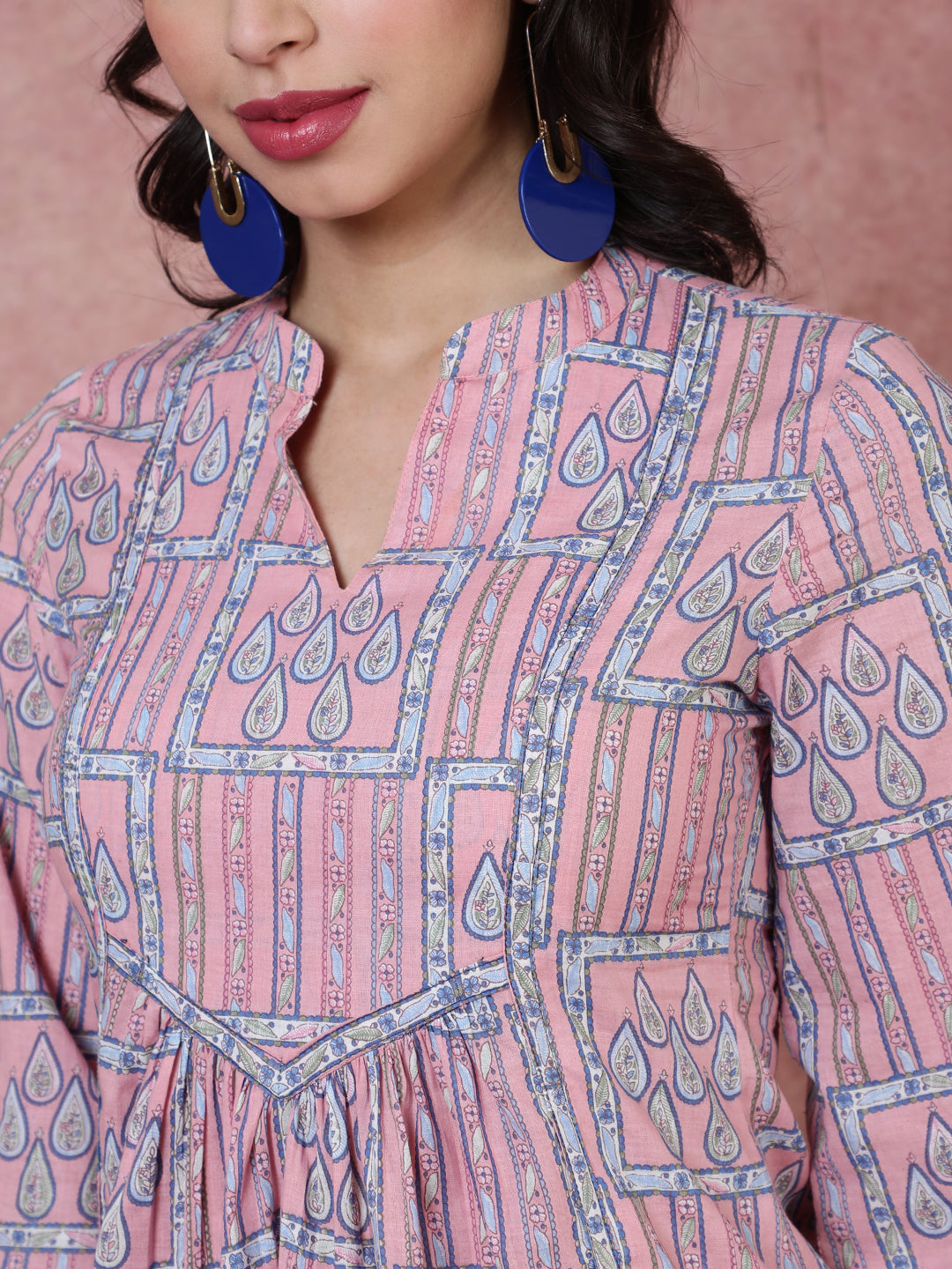 Rayon Short Length Length Printed Regular 3/4 Sleeves Mandarin Top
