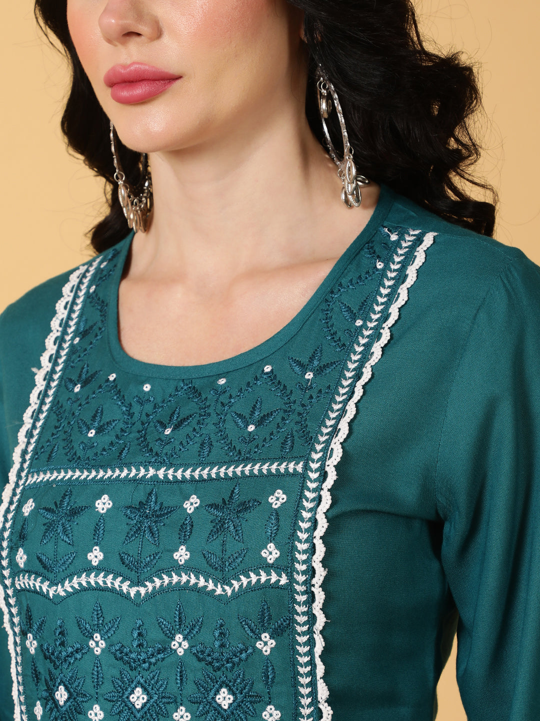 Rayon Short Length Printed Flared 3/4 Sleeves Round Top