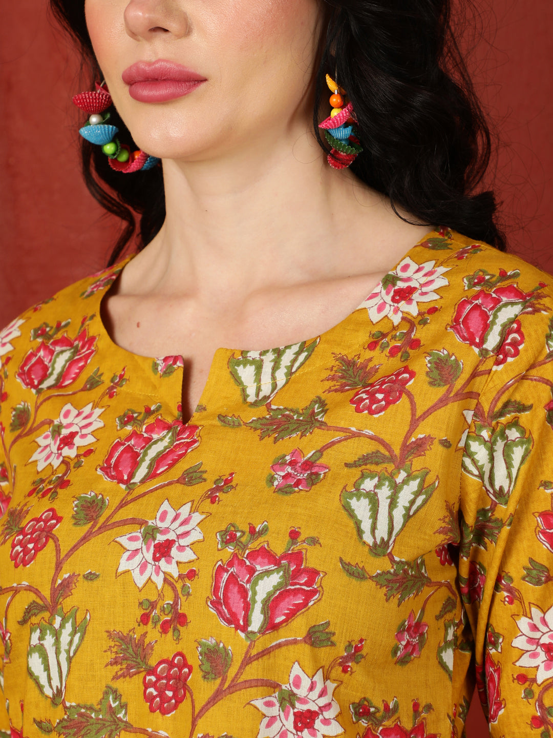 Cotton Short Length Printed Flared 3/4 Sleeves Round Top