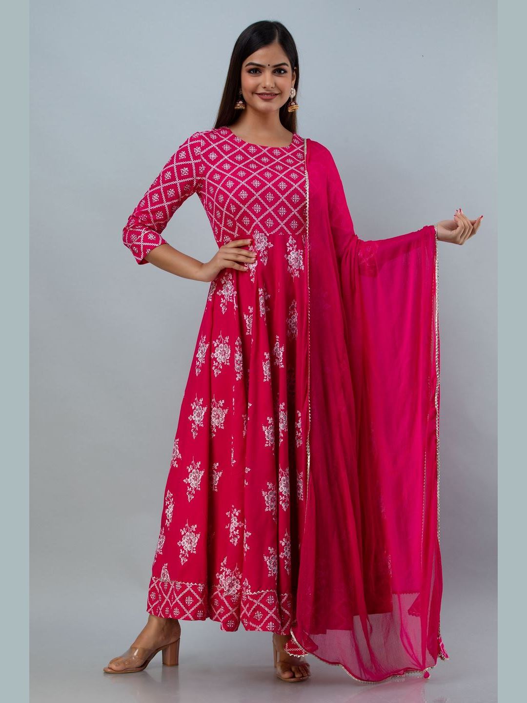 Printed Rayon Round Neck 3/4 Sleeve Flared Ankle Kurta and Dupatta Set