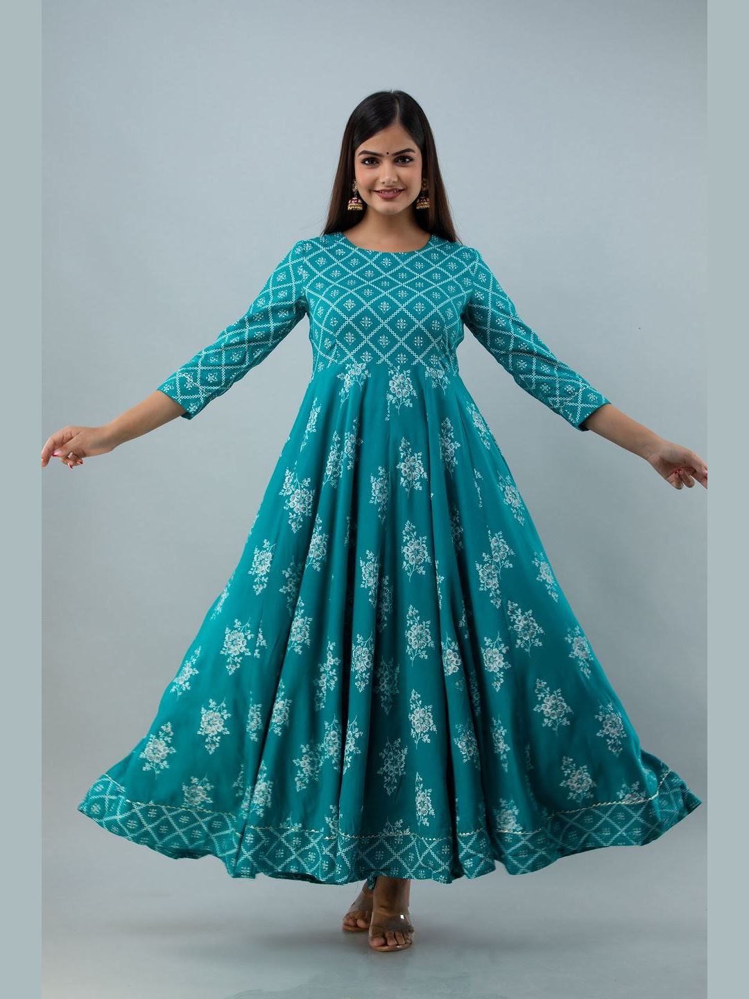 Printed Rayon Round Neck 3/4 Sleeve Flared Ankle Kurta and Dupatta Set