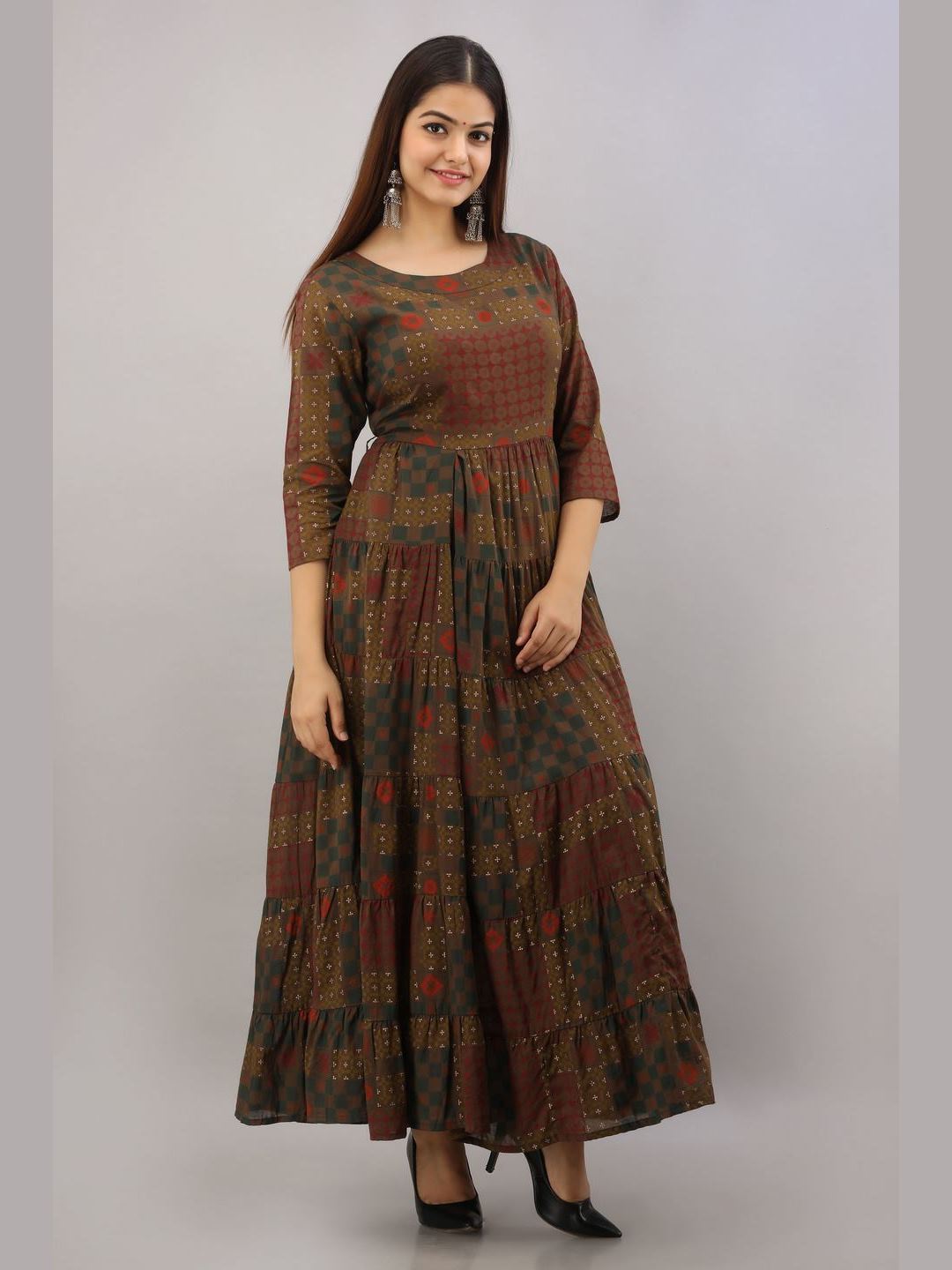 Cotton Printed 3/4 Sleeves Flared Kurta