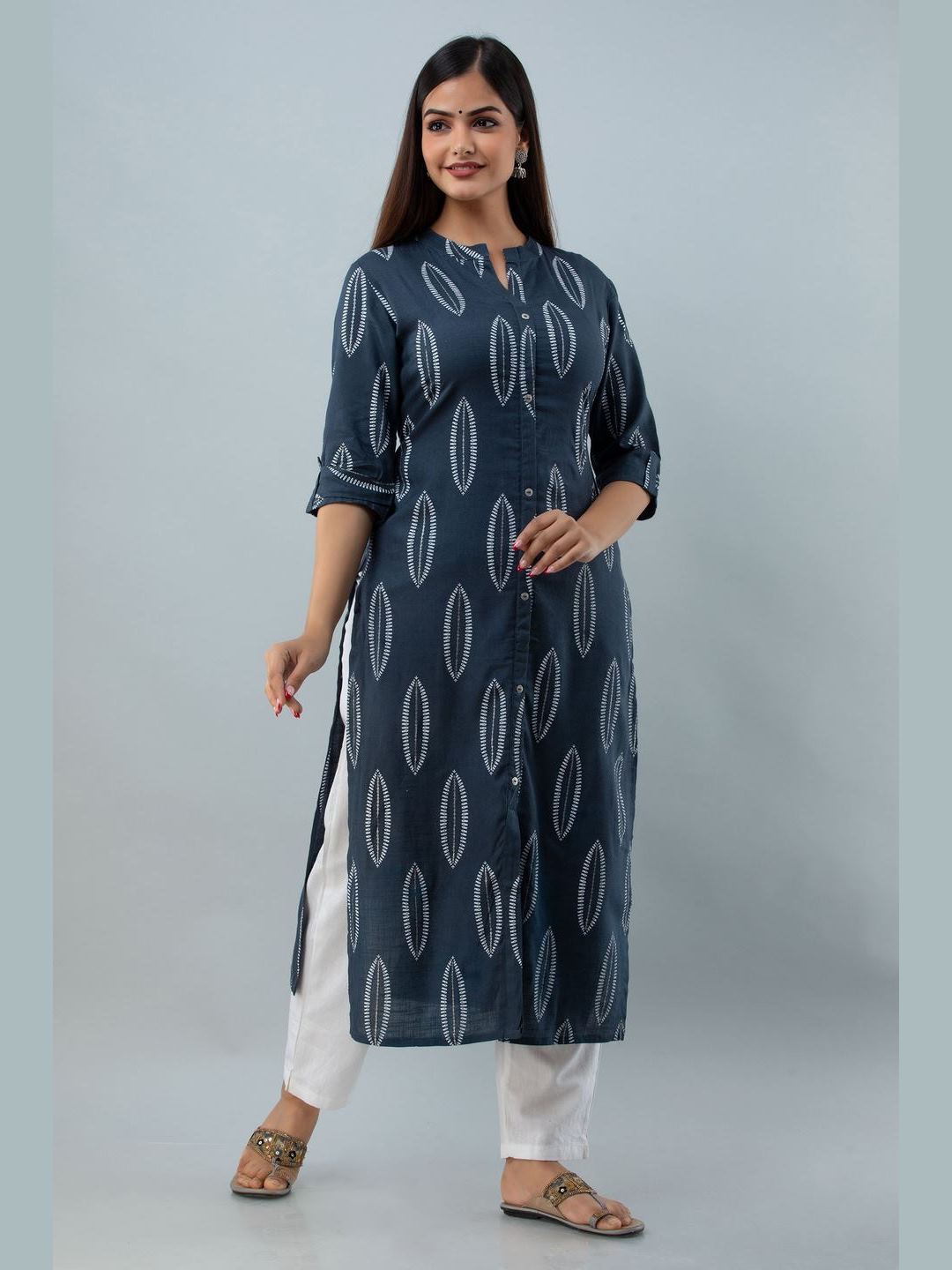 Printed Rayon Collor Neck 3/4 Sleeve Straight Calf Kurta