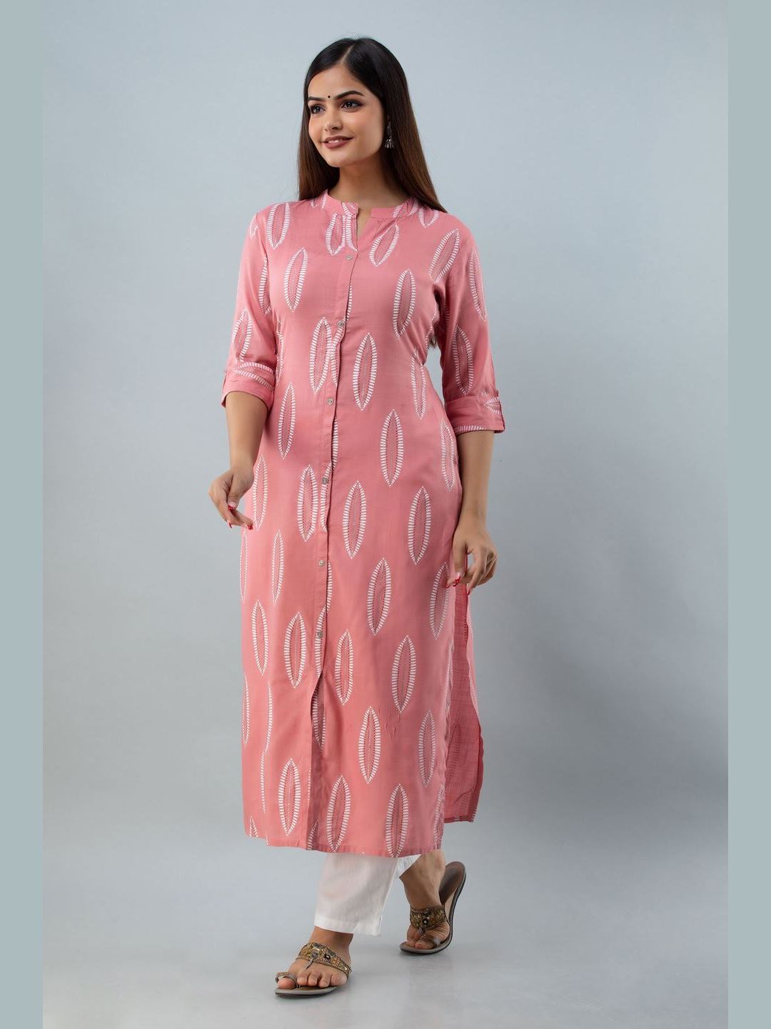 Printed Rayon Collor Neck 3/4 Sleeve Straight Calf Kurta