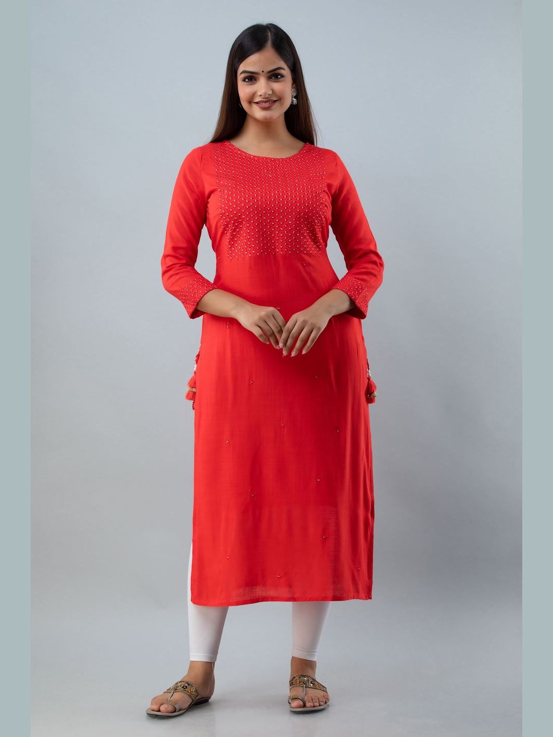 Embroidered Rayon Round Neck 3/4 Sleeve Straight Calf Kurta