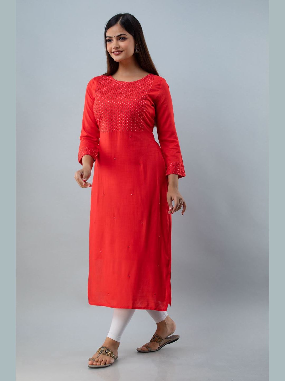 Embroidered Rayon Round Neck 3/4 Sleeve Straight Calf Kurta