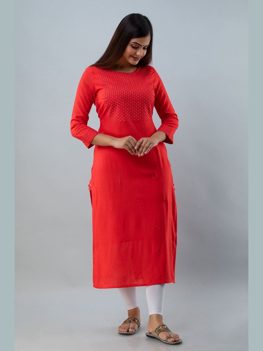 Embroidered Rayon Round Neck 3/4 Sleeve Straight Calf Kurta