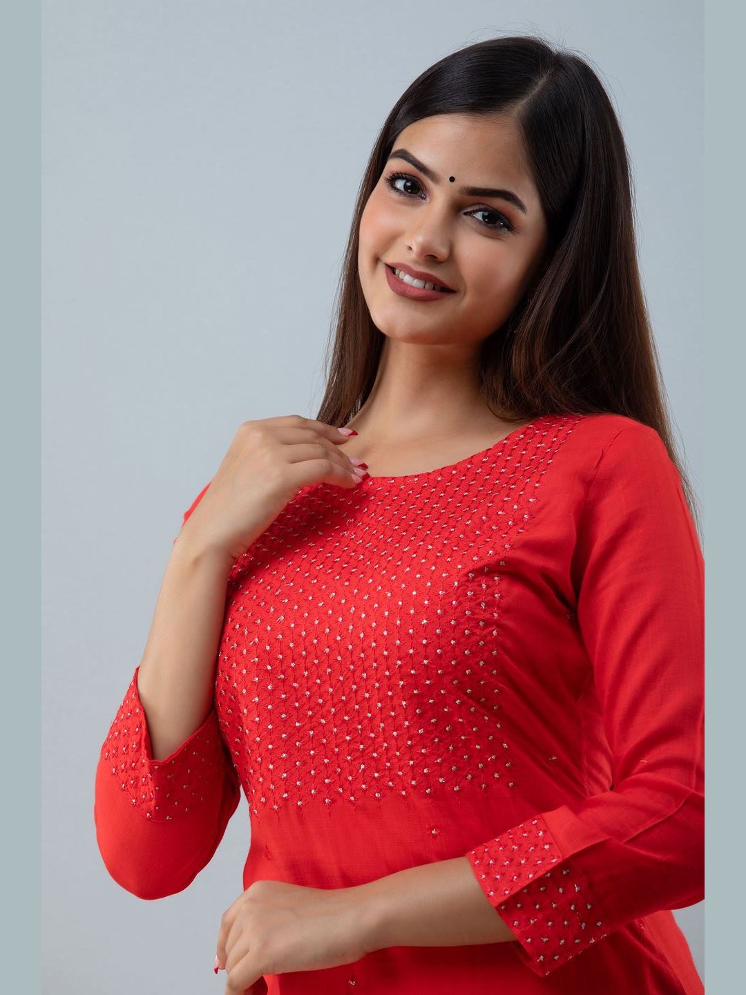 Embroidered Rayon Round Neck 3/4 Sleeve Straight Calf Kurta