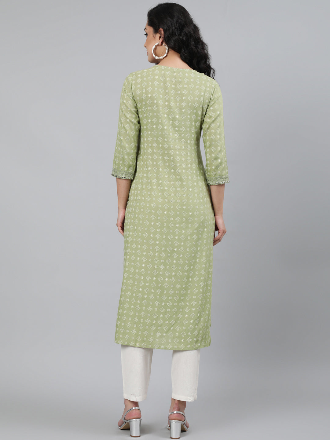 Rayon Olive Green Calf Length Straight 3/4 Sleeve Round Neck Embroidered Kurta