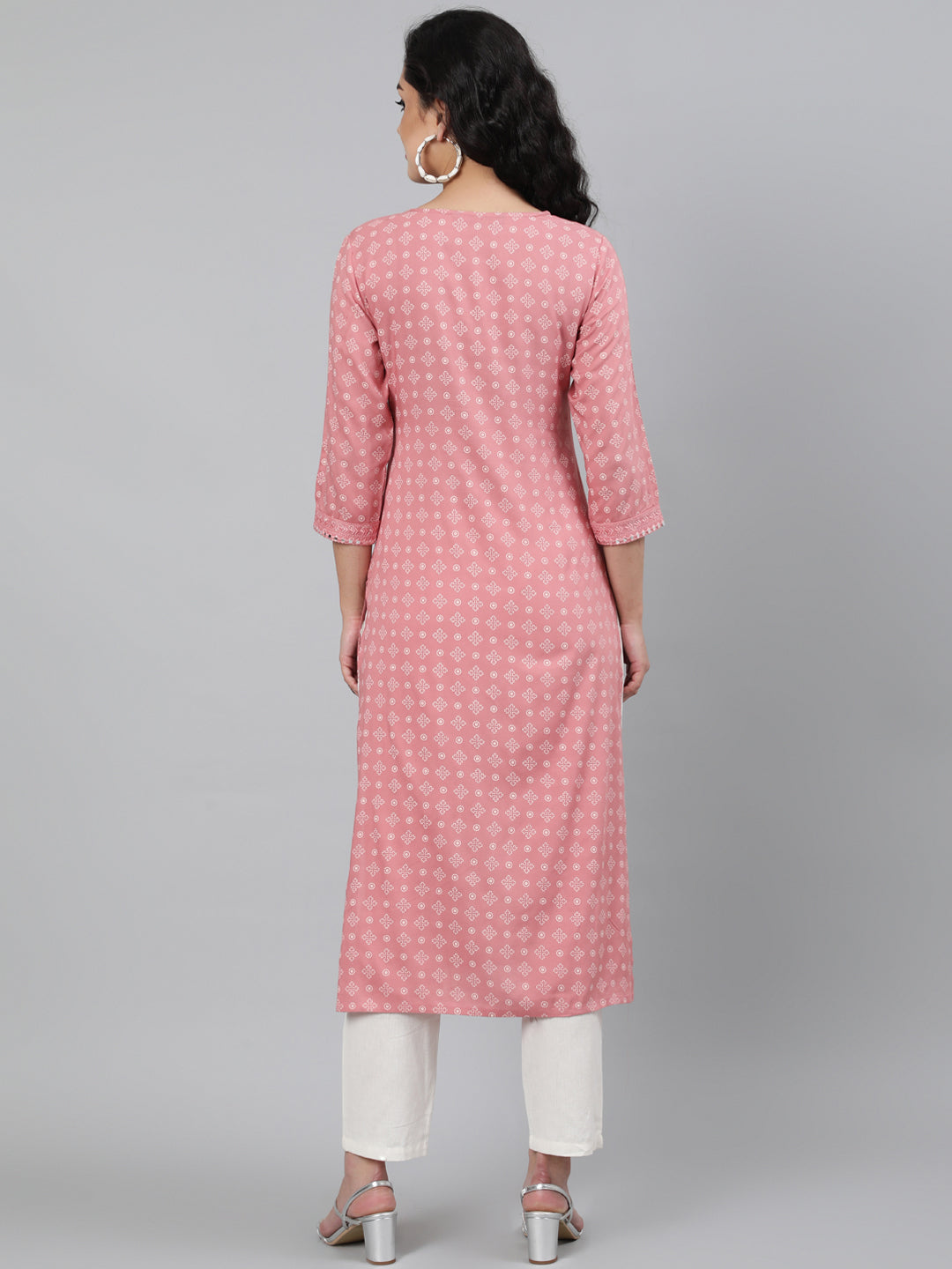 Rayon Rose Pink Calf Length Straight 3/4 Sleeve Round Neck Embroidered Kurta