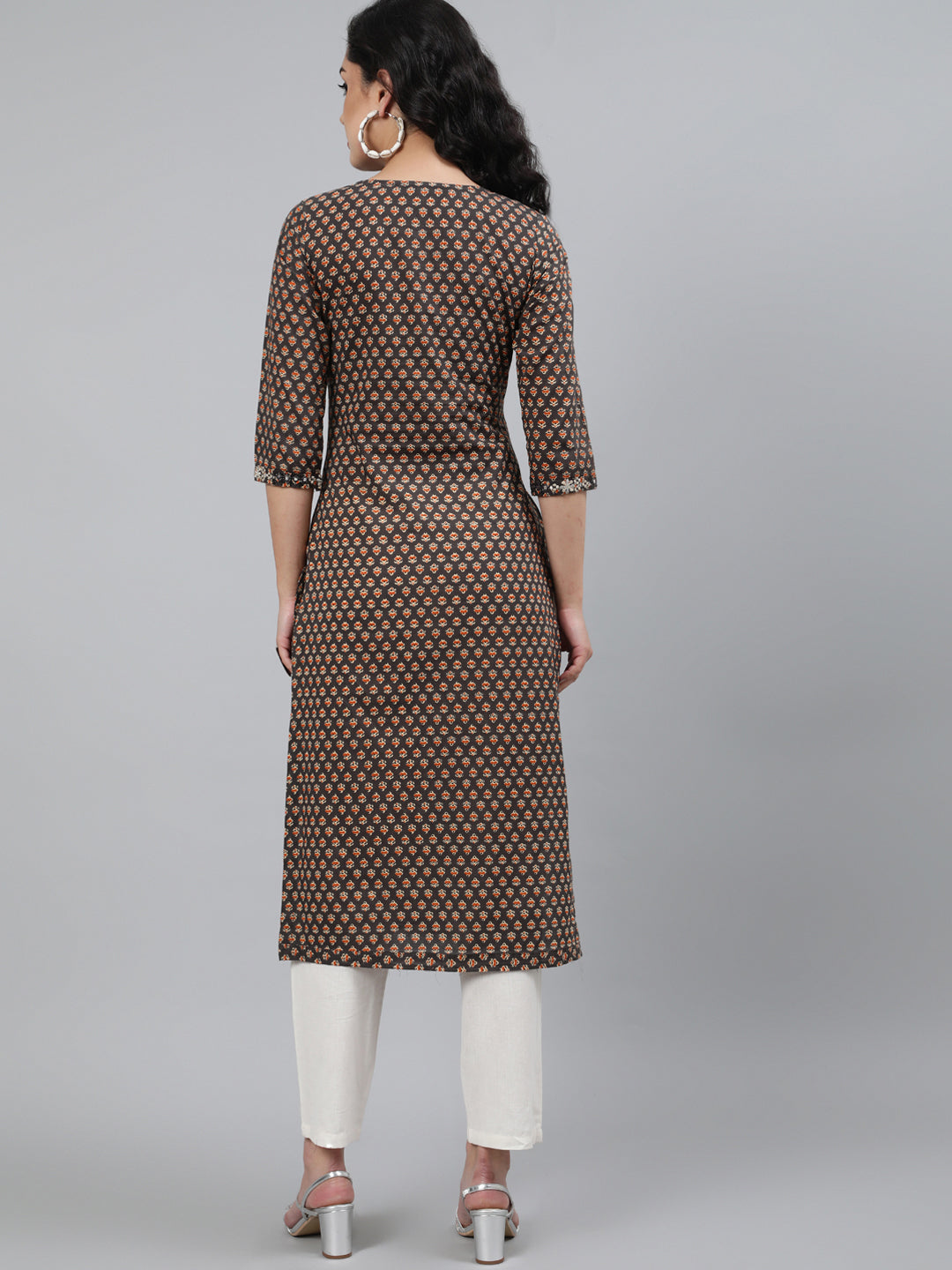 Cotton Brown Calf Length Straight 3/4 Sleeve Round Neck Embroidered Kurta