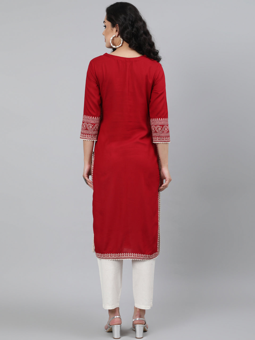 Rayon Maroon Calf Length Straight 3/4 Sleeve Round Neck Printed Kurta