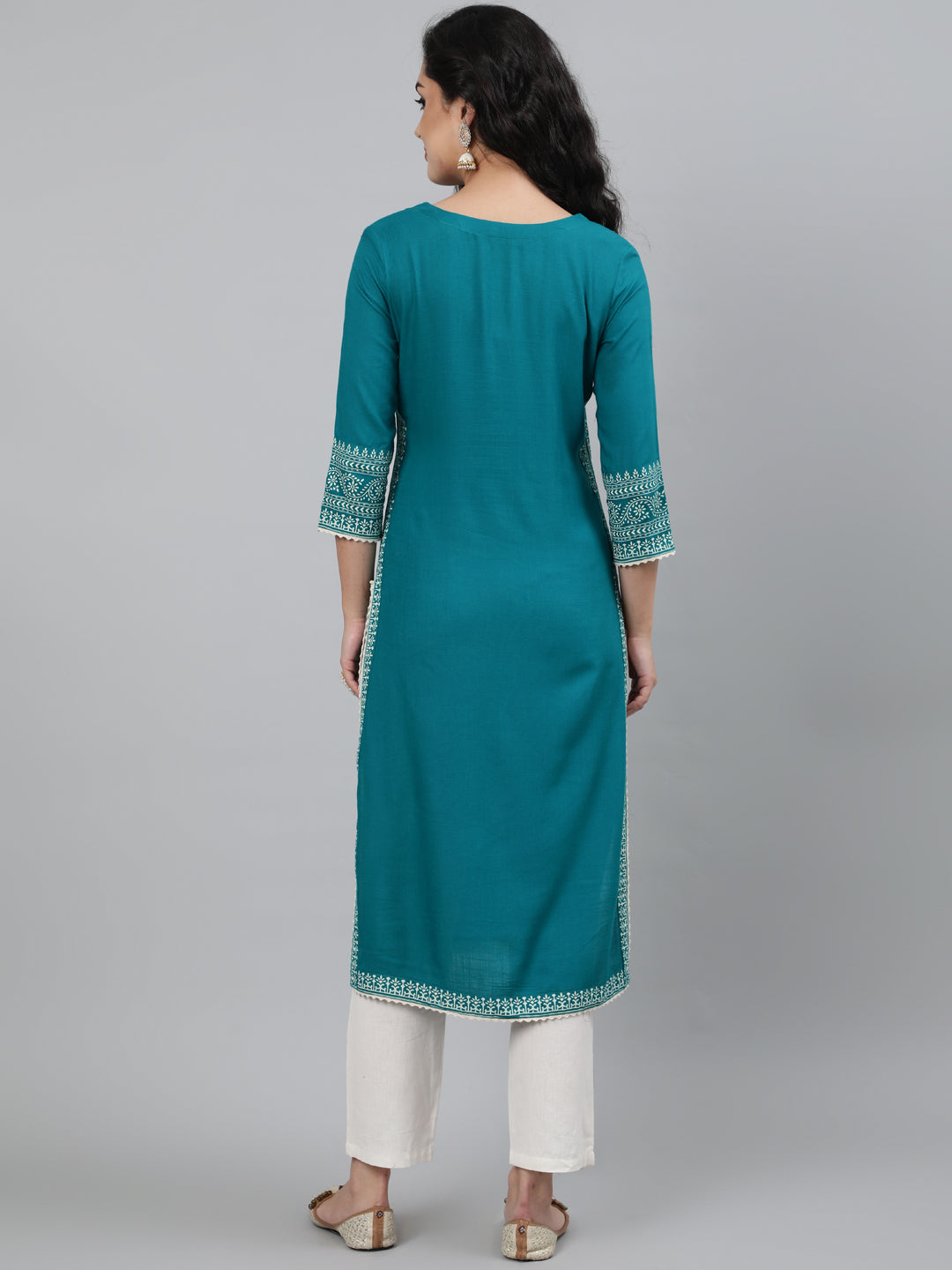 Rayon Rama Green Calf Length Straight 3/4 Sleeve Round Neck Printed Kurta