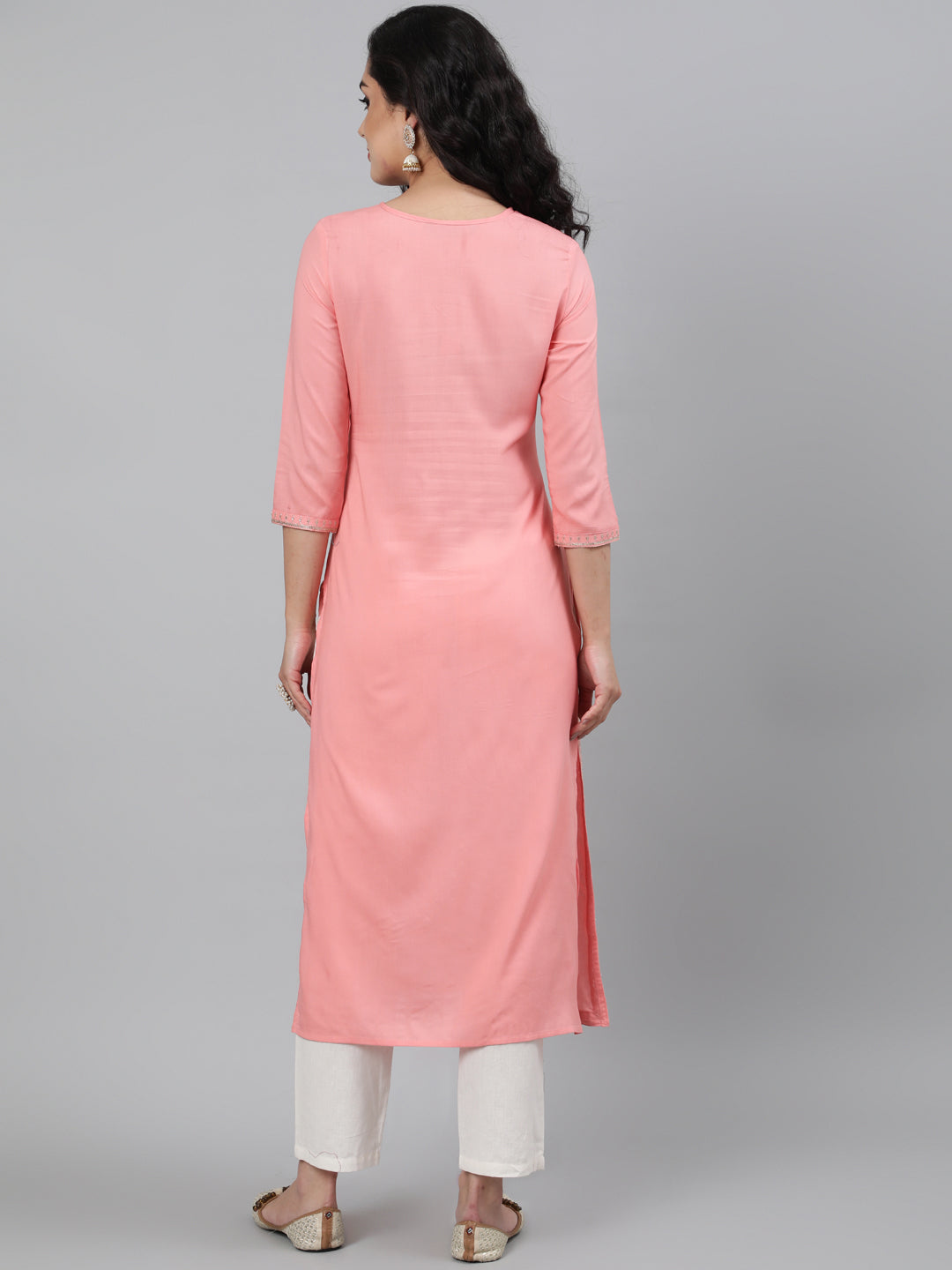 Rayon Peach Calf Length Straight 3/4 Sleeve Round Neck Embroidered Kurta