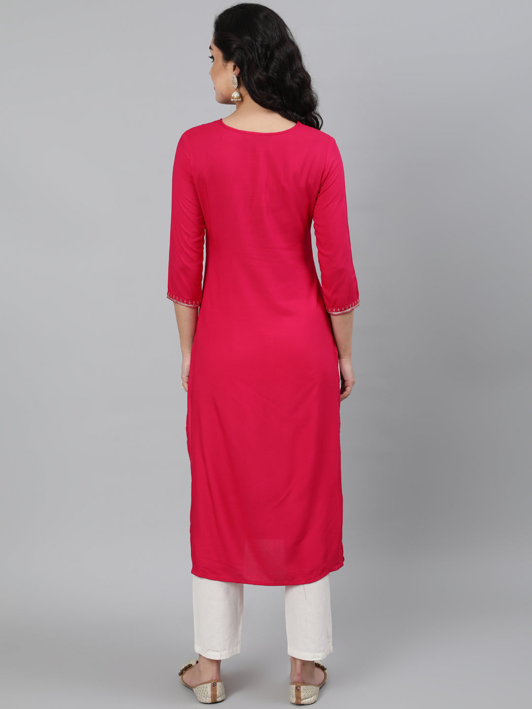 Rayon Fushcia Calf Length Straight 3/4 Sleeve Round Neck Embroidered Kurta