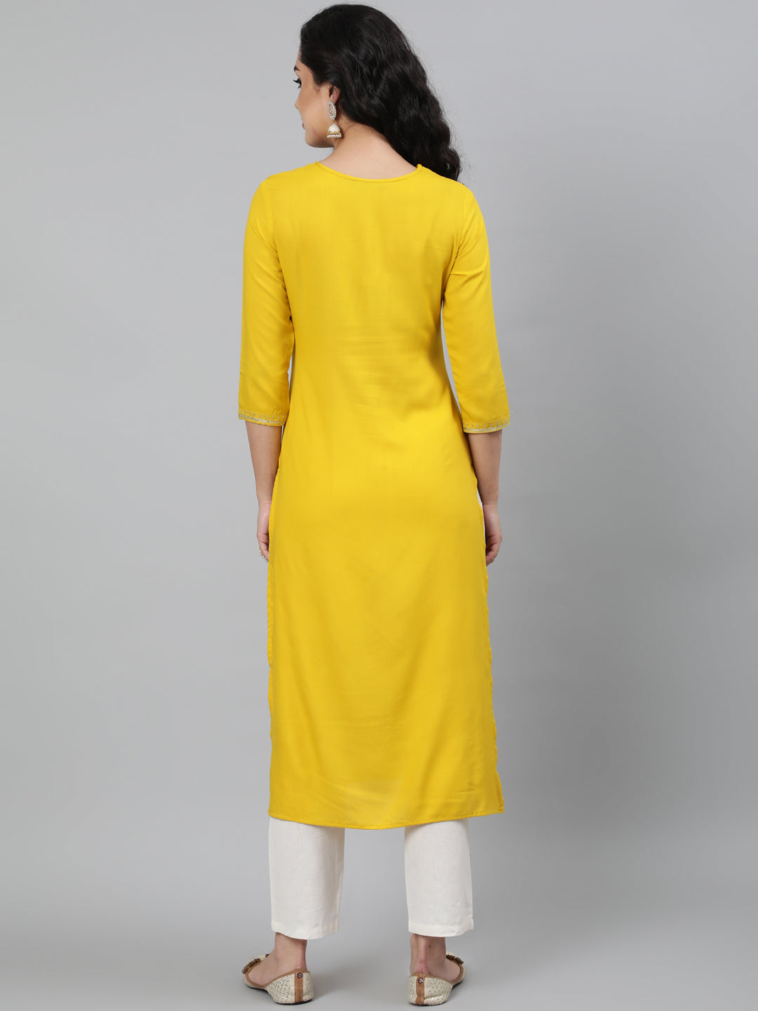Rayon Mustard Calf Length Straight 3/4 Sleeve Round Neck Embroidered Kurta