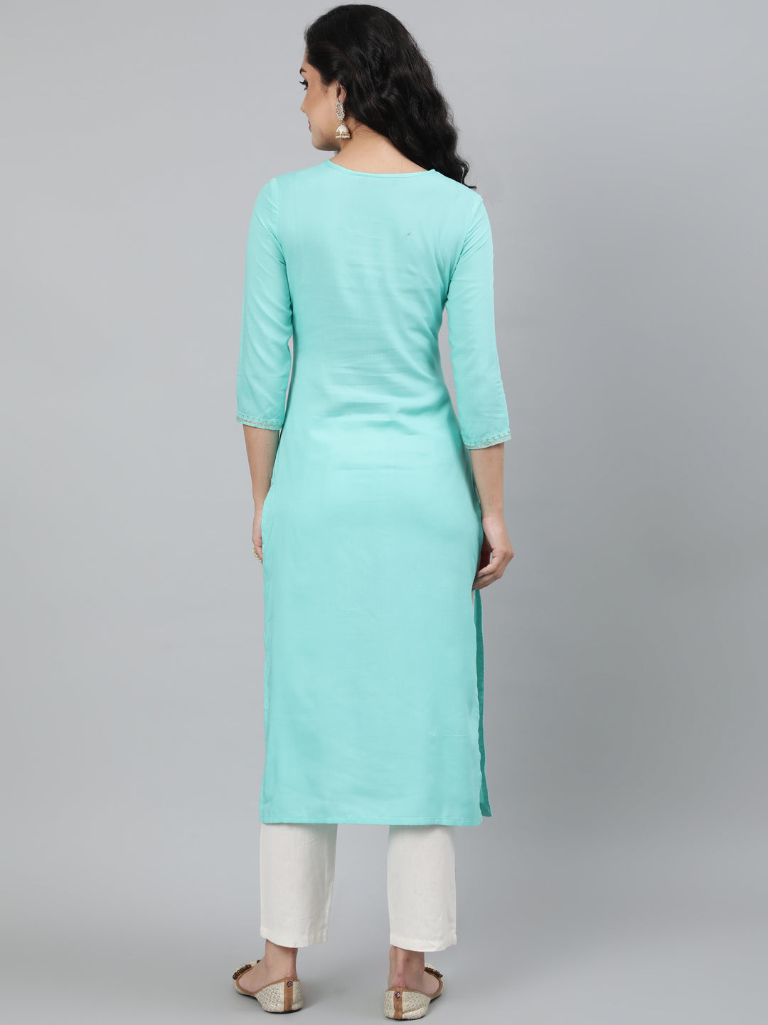Rayon Light Sea Green Calf Length Straight 3/4 Sleeve Round Neck Embroidered Kurta