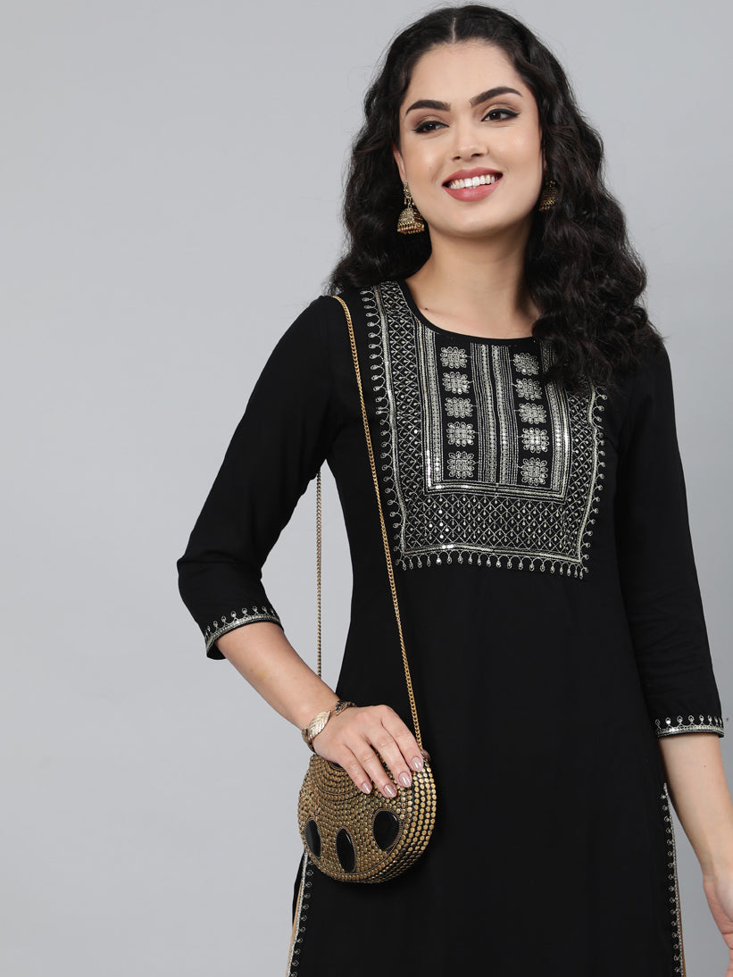 Rayon Black Calf Length Straight 3/4 Sleeve Round Neck Embroidered Kurta
