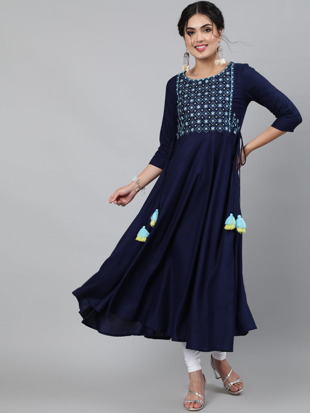 Rayon Navy Blue Calf Length Flared 3/4 Sleeve Round Neck Embroidered Kurta