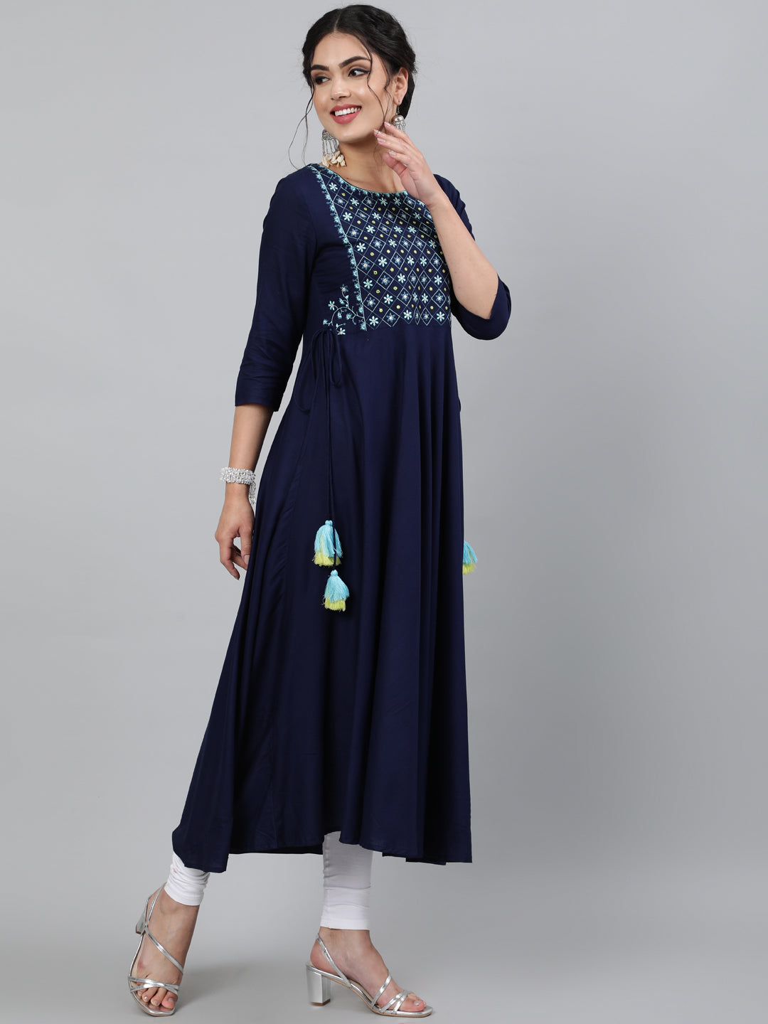 Rayon Navy Blue Calf Length Flared 3/4 Sleeve Round Neck Embroidered Kurta
