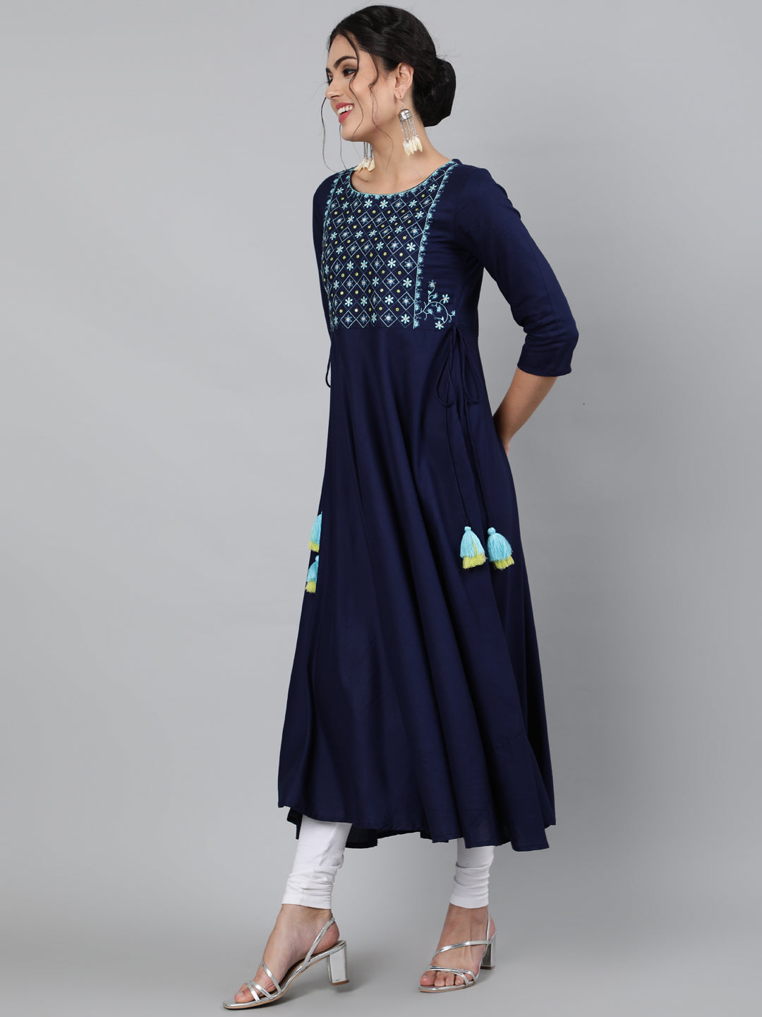 Rayon Navy Blue Calf Length Flared 3/4 Sleeve Round Neck Embroidered Kurta