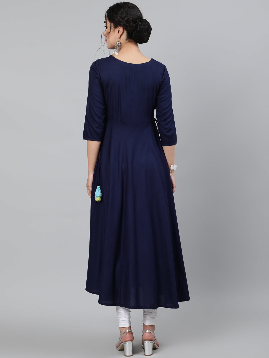 Rayon Navy Blue Calf Length Flared 3/4 Sleeve Round Neck Embroidered Kurta