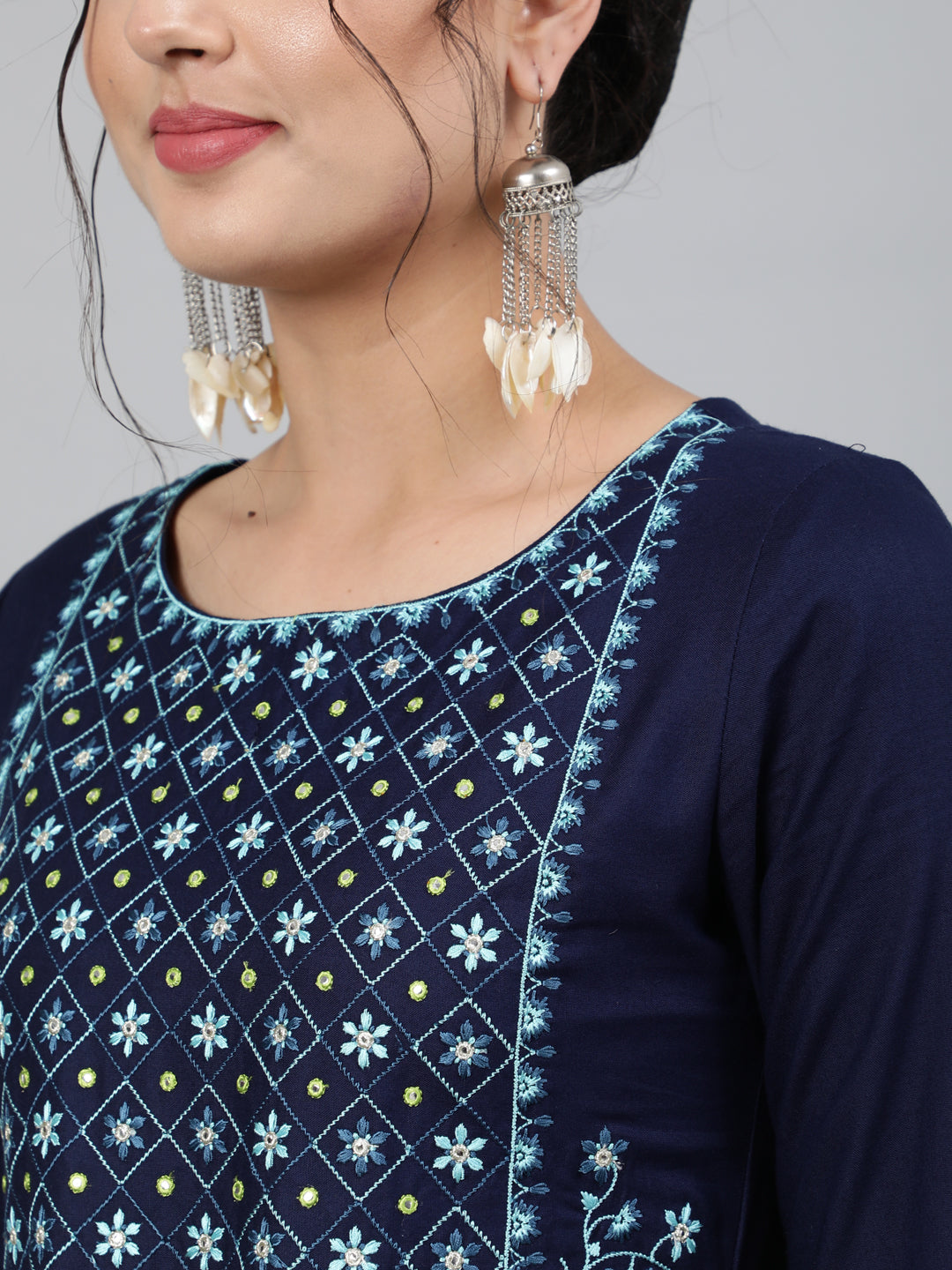 Rayon Navy Blue Calf Length Flared 3/4 Sleeve Round Neck Embroidered Kurta