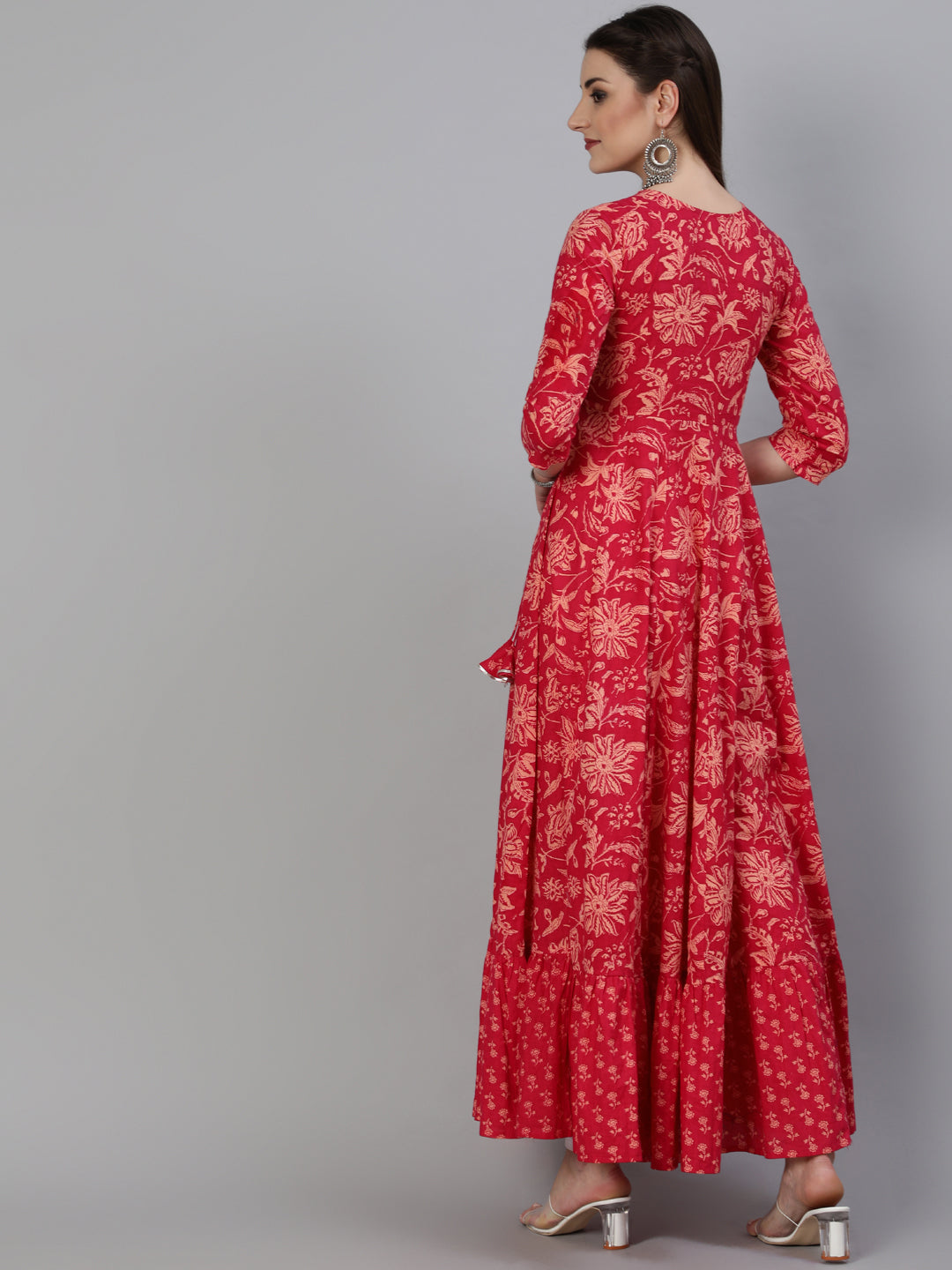 Embroidered Round Neck Ankle Length 3/4 Sleeve Cotton Flared Kurta