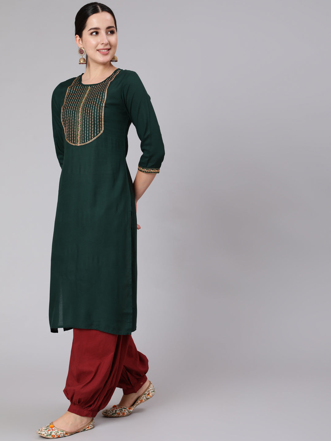 Rayon Calf Length Embroidered Straight 3/4 Sleeve Round Neck Kurta