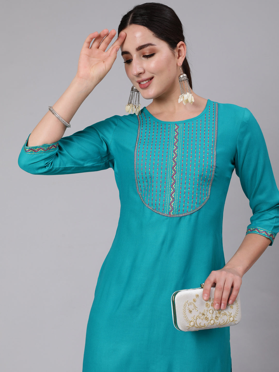 Rayon Calf Length Embroidered Straight 3/4 Sleeve Round Neck Kurta