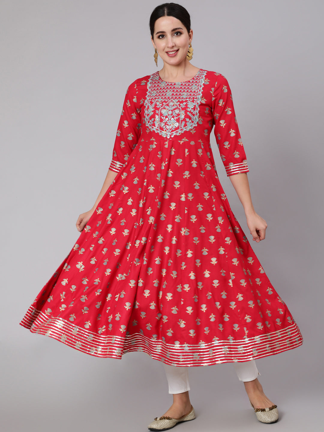 Rayon Calf Length Sequence Flared 3/4 Sleeve Round Neck Kurta