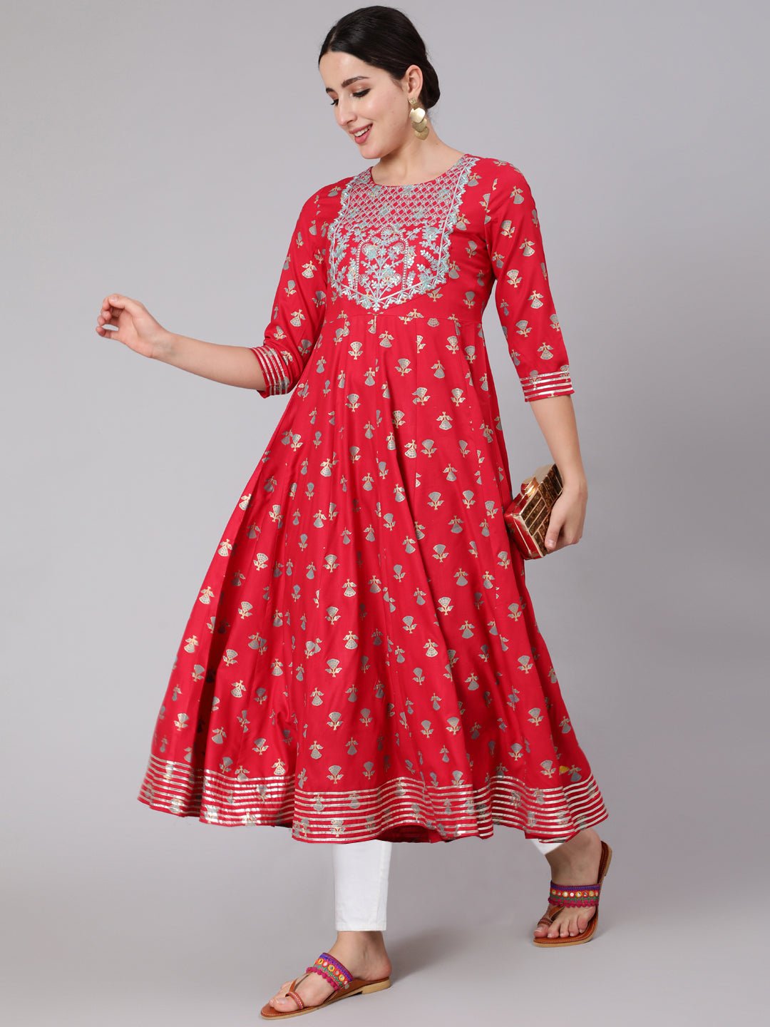 Rayon Calf Length Sequence Flared 3/4 Sleeve Round Neck Kurta