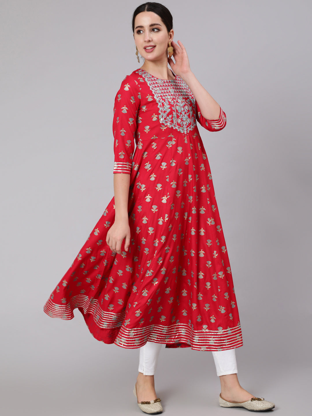 Rayon Calf Length Sequence Flared 3/4 Sleeve Round Neck Kurta