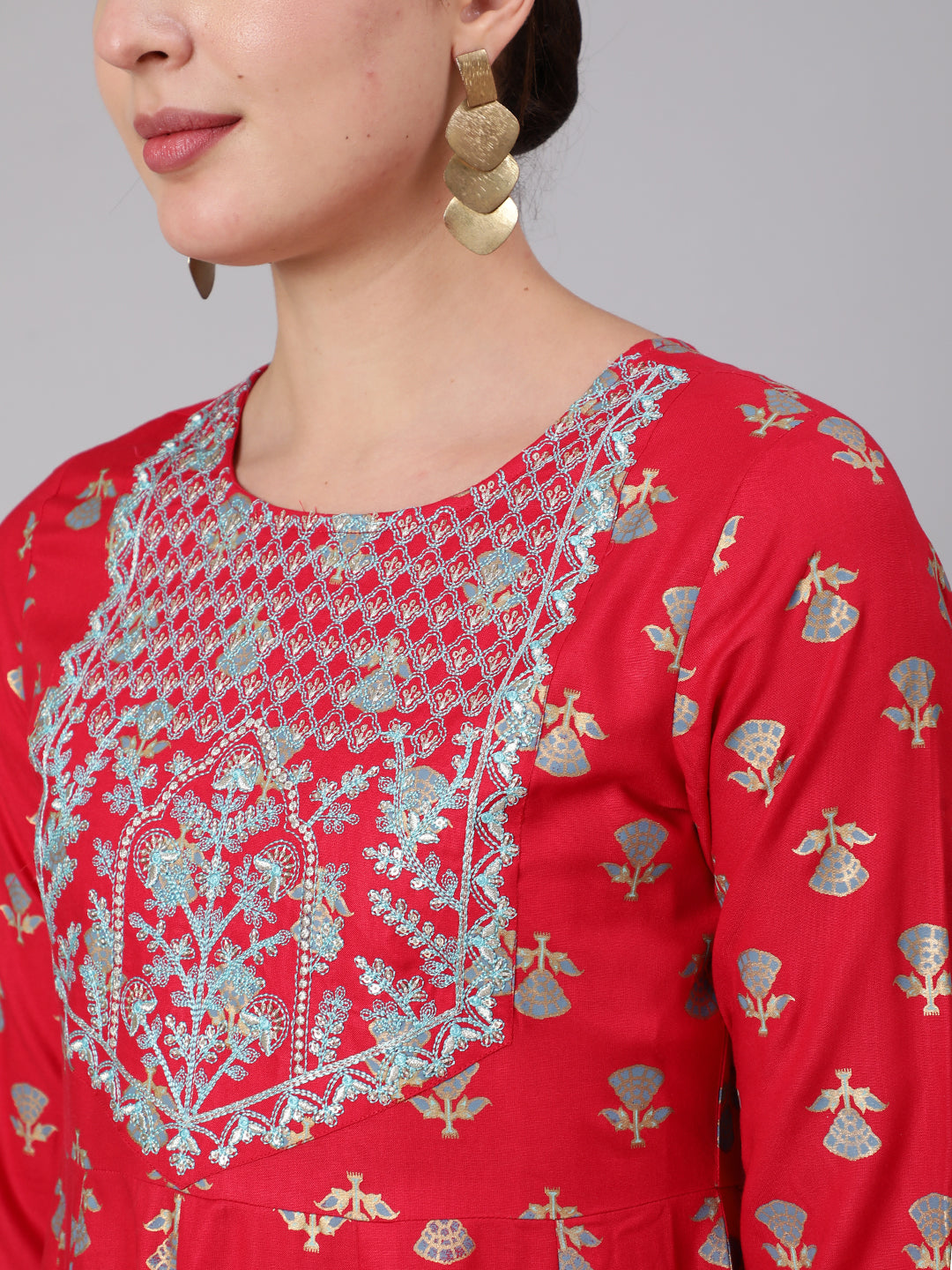 Rayon Calf Length Sequence Flared 3/4 Sleeve Round Neck Kurta