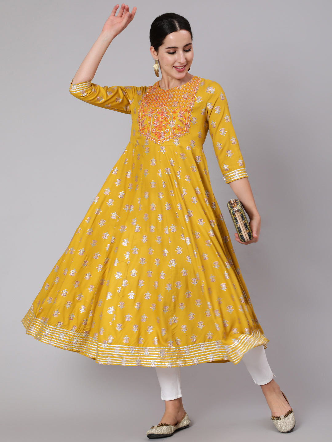 Rayon Calf Length Sequence Flared 3/4 Sleeve Round Neck Kurta
