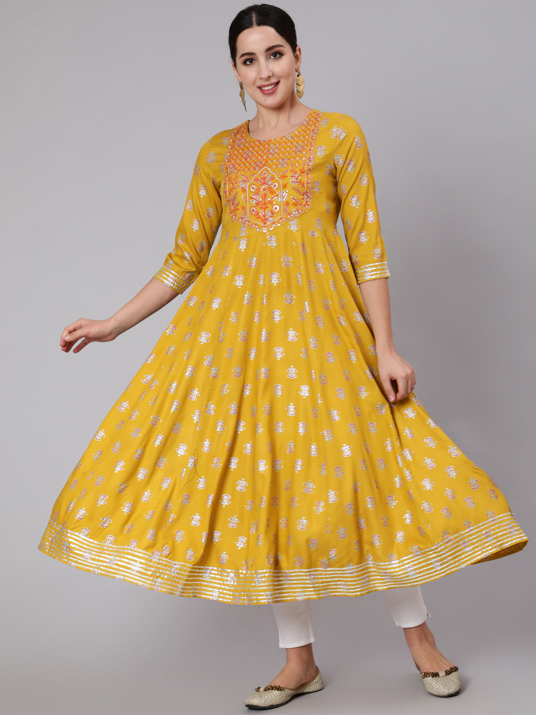 Rayon Calf Length Sequence Flared 3/4 Sleeve Round Neck Kurta