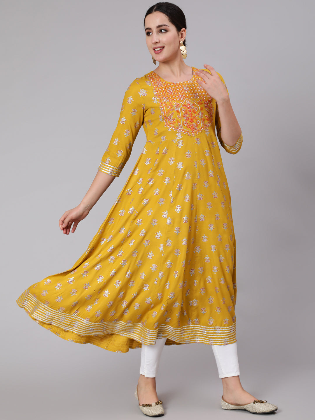 Rayon Calf Length Sequence Flared 3/4 Sleeve Round Neck Kurta